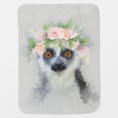 Ring Tailed Lemur Flower Crown Portrait Baby Blanket