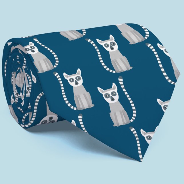 Ring Tailed Lemur Neck Tie (Fun ring tailed lemur pattern teal green neck tie)