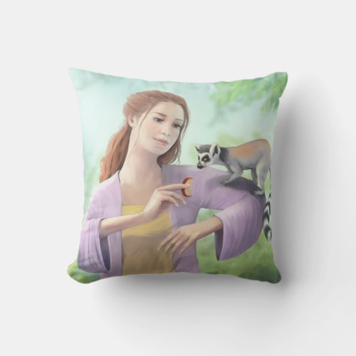 Ring_tailed Lemur with Girl Art Throw Pillow