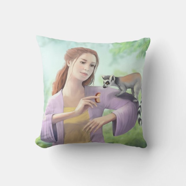 Ring-tailed Lemur with Girl Art Throw Pillow (Front)