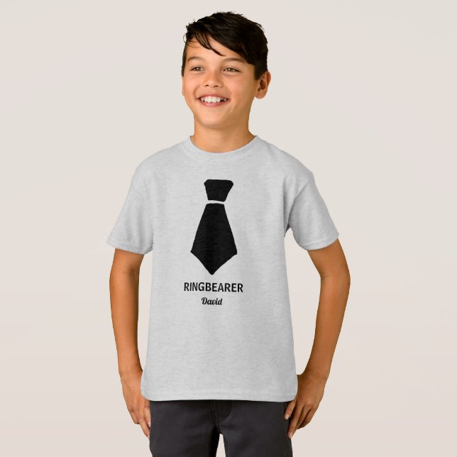 Ringbearer Dress Up Tie Custom Name Grey Wedding T-Shirt (Front Full)