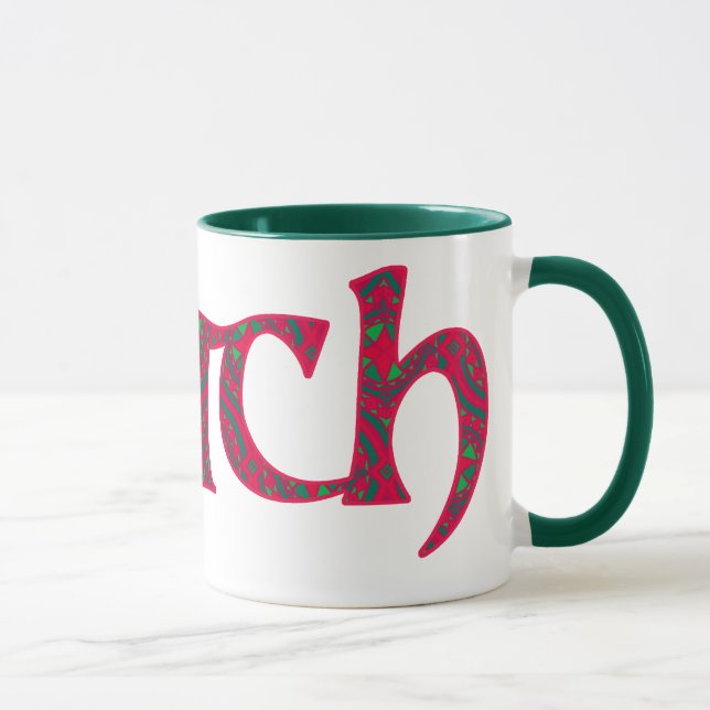 Ringer Coffee Mug Welsh Cwtch: Red Green Geometric (Right)