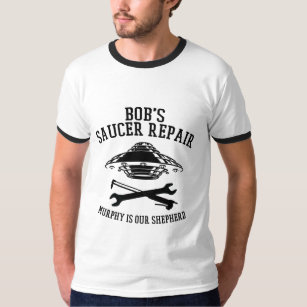 Ringer t-shirt with black Bob's Saucer repair logo