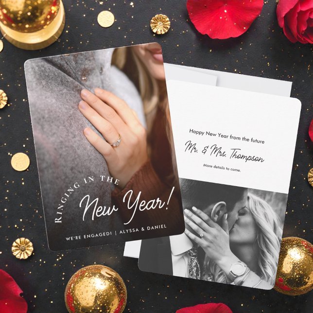 Ringing in the new year engagement announcement (Ringing in the New Year! Photo engagement announcement cards.)