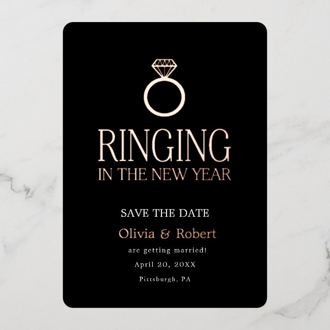 Ringing in the New Year Save the Date with Photo Foil Holiday Card (Front)