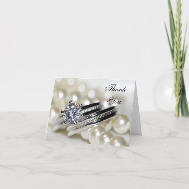 Rings and White Pearls Wedding Thank You Card (Front)