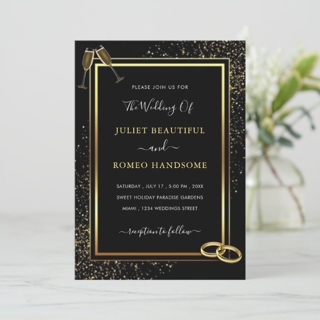 Rings Champagne Black Gold Wedding Invitation (Standing Front)