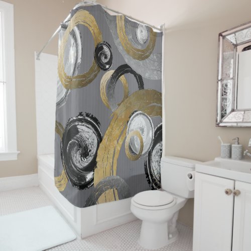 Rings Circles Modern Abstract Gold Black Grey Shower Curtain