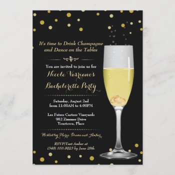 Rings In Champagne Glass Gold Glitter Bachelorette Invitation by starstreamdesign at Zazzle