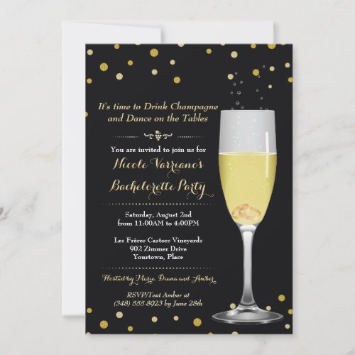 Rings in Champagne Glass Gold Glitter Bachelorette Invitation