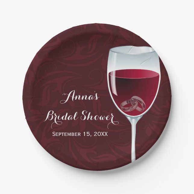 Rings in Wine Glass Bridal Wedding Shower Paper Plates (Front)