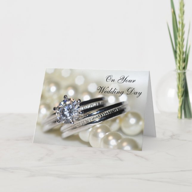 Rings White Pearls Blended Family Second Wedding Card (Front)