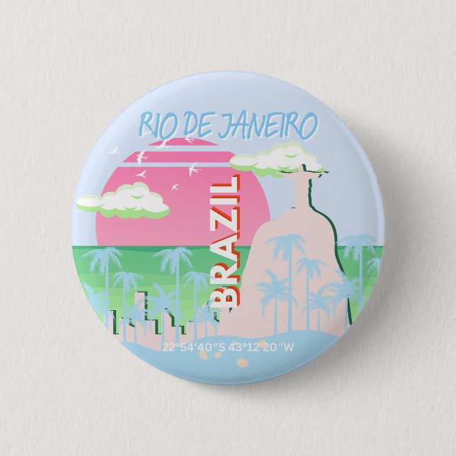 Rio de Janeiro Brazil Travel Art Blue Illustration Button (Front)