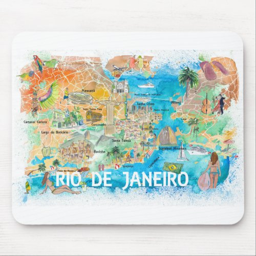 Rio de Janeiro Illustrated Map with Main Roads Mouse Pad