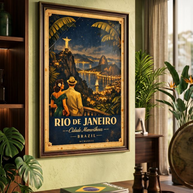 Rio de Janeiro Night Vintage Travel Poster  (Where the jungle meets the city lights — Rio de Janeiro vintage wall art)
