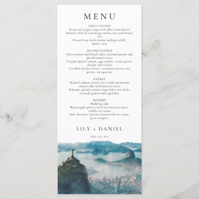 Rio de Janeiro Skyline Watercolor Elegant Wedding Menu (Front)
