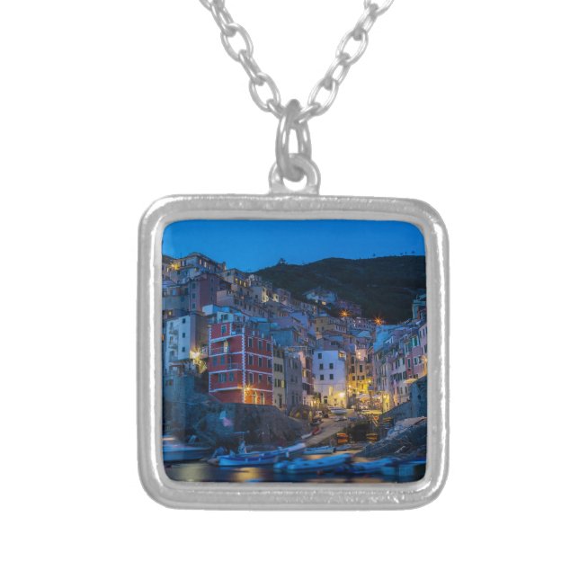 Riomaggiore at night Cinque Terre Liguria Italy Silver Plated Necklace (Front)