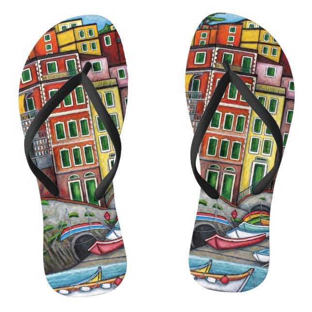 Riomaggiore Cinque Terre Custom Adult, Slim Straps Flip Flops (Footbed)