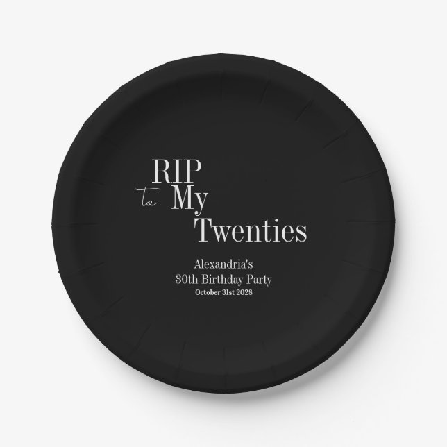 RIP 20s 30th Birthday Party Black and White Paper Plates (Front)
