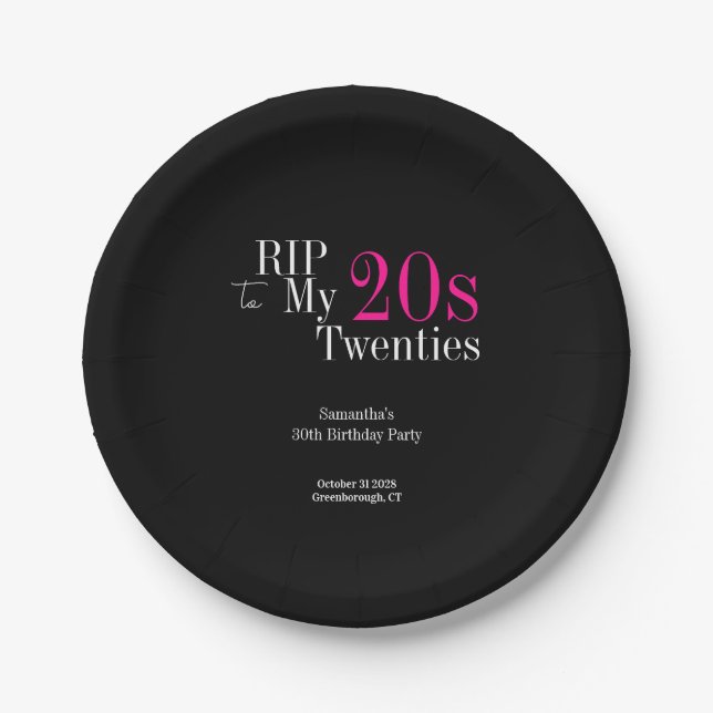 RIP 20s 30th Birthday Party Black Pink Paper Plates (Front)