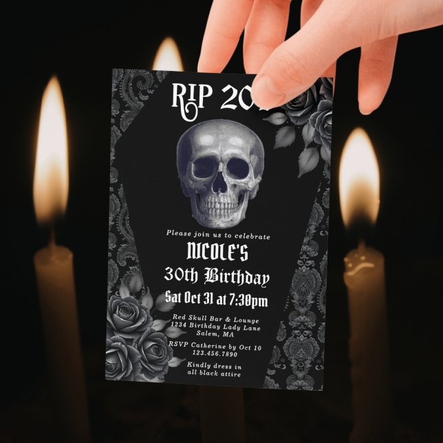 RIP 20s Black & White Gothic Skull 30th Birthday Invitation (Creator Uploaded)
