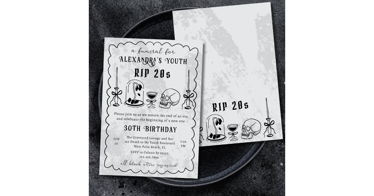 RIP 20s Doodle Stone Look Funeral 30th Birthday Invitation | Zazzle