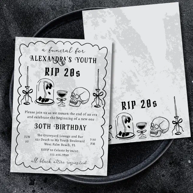 RIP 20s Doodle Stone Look Funeral 30th Birthday Invitation | Zazzle