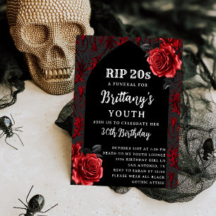 RIP 20s Gothic Red Roses Funeral 30th Birthday Invitation