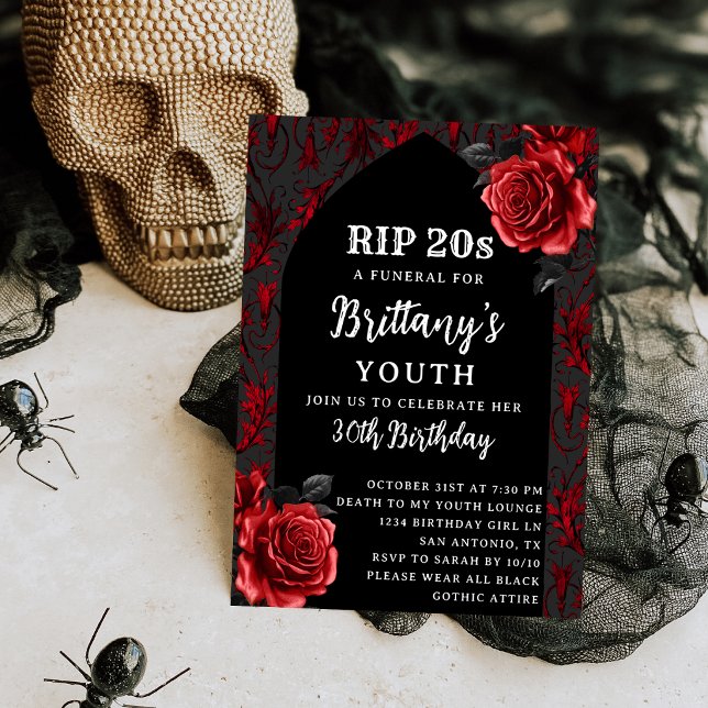 RIP 20s Gothic Red Roses Funeral 30th Birthday Invitation (Creator Uploaded)
