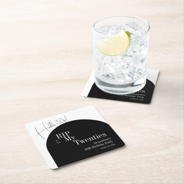 RIP 20s Hello 30s 30th birthday party Square Paper Coaster (Insitu)