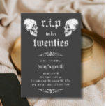 RIP 20s to her Twenties Goth Skulls 30th Birthday Invitation<br><div class="desc">RIP Twenties 20s Funny Skull Funeral 30th Birthday Invitation | Adult Birthday Invitations | Black and White Rest in Peace 30th Invitations | Thirtieth Birthday Celebration This gothic yet funny design features two opposing skulls in a funeral theme and Vintage Script typography on a black background. Personalize the invite with...</div>