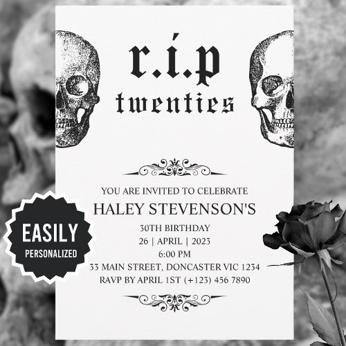 RIP 20s Twenties Funny Funeral Skull 30th Birthday Invitation