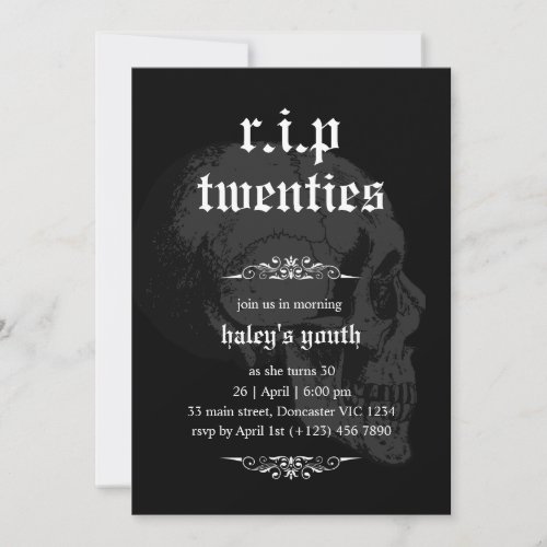RIP 20s Twenties Goth Skull Funeral 30th Birthday Invitation