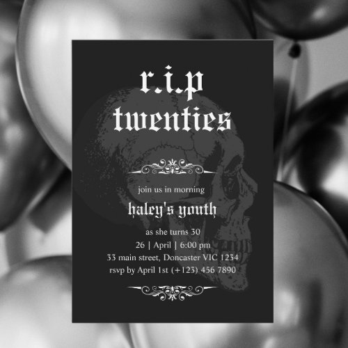 RIP 20s Twenties Goth Skull Funeral 30th Birthday Invitation