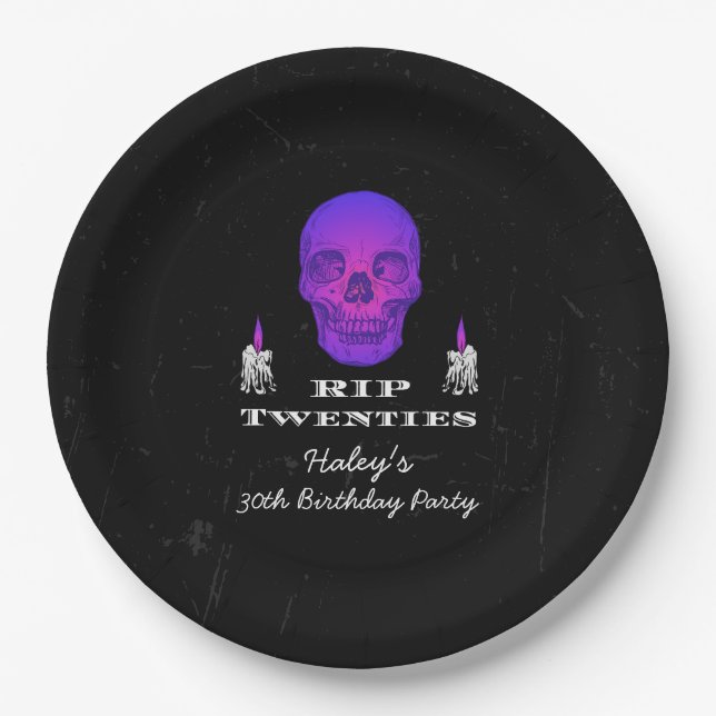 RIP 20s Twenties Purple Skull Gothic 30th Birthday Paper Plates (Front)