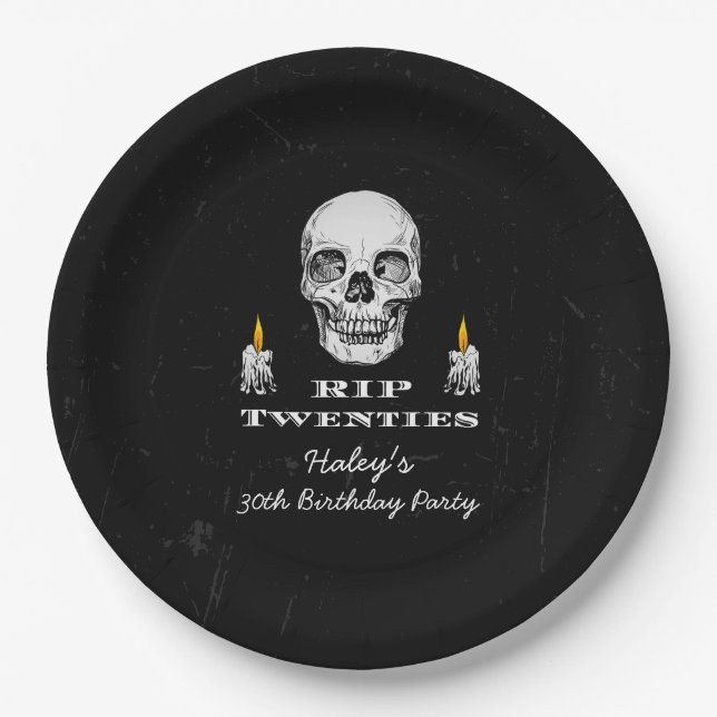RIP 20s Twenties Skull Gothic Black 30th Birthday Paper Plates (Front)