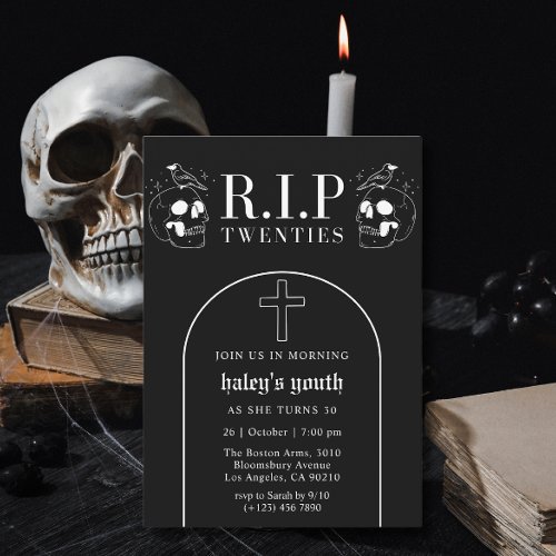 RIP 20s Twenties Spooky Black Skull 30th Birthday Invitation