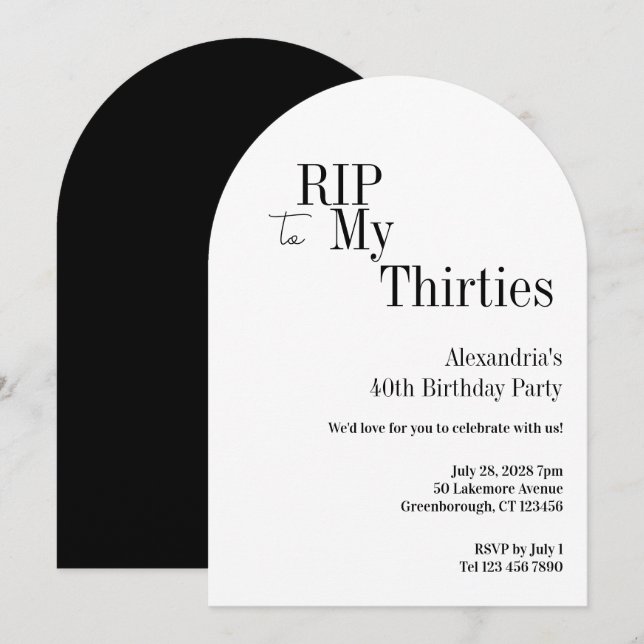 RIP 30s 40th Birthday Black White Minimal Party Invitation (Front/Back)