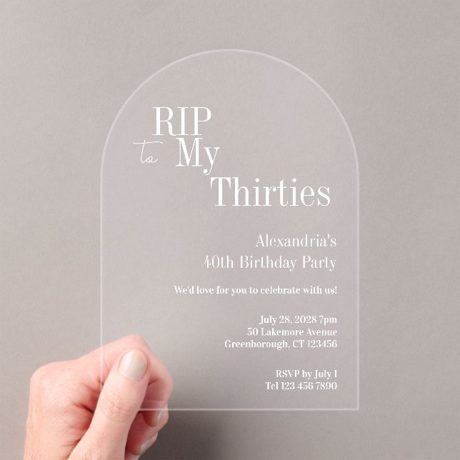 RIP 30s 40th Birthday Party Acrylic Invitations (Insitu (Handheld))
