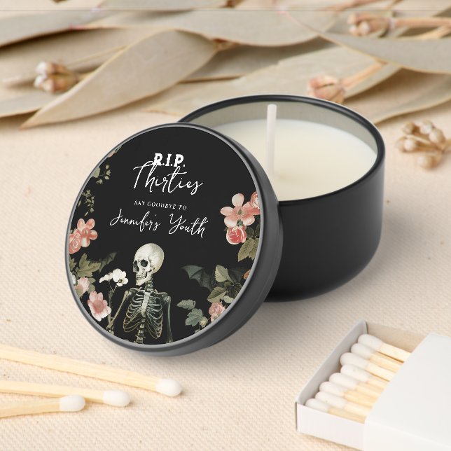 RIP 30s Skeleton Pink Floral 40th Birthday Party Mini Candle Favors (Insitu)
