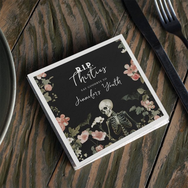 RIP 30s Skeleton Pink Floral 40th Birthday Party Napkins (Creator Uploaded)
