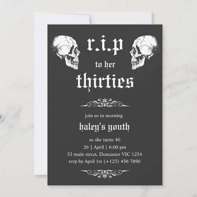 RIP 30s to her Twenties Goth Skulls 40th Birthday Invitation (Front)