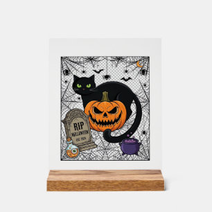 Rip Halloween Black Cat Pumpkin Tombstone Cauldron Acrylic Sign
