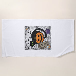 Rip Halloween Black Cat Pumpkin Tombstone Cauldron Beach Towel