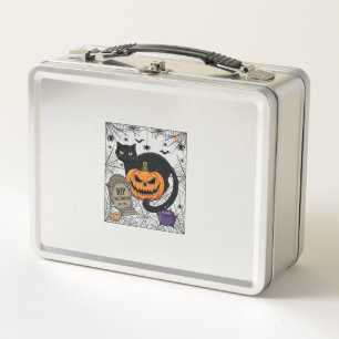 Rip Halloween Black Cat Pumpkin Tombstone Cauldron Metal Lunch Box