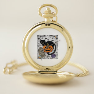Rip Halloween Black Cat Pumpkin Tombstone Cauldron Pocket Watch