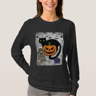 Rip Halloween Black Cat Pumpkin Tombstone Cauldron T-Shirt