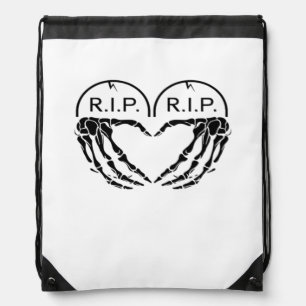 Rip Heart Shaped Gravestone Skeleton Hands Drawstring Bag