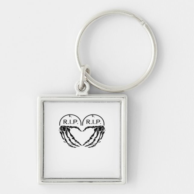 Rip Heart Shaped Gravestone Skeleton Hands Keychain (Front)