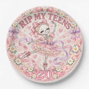 RIP My Teens Ballerina Skeleton 20th Birthday Paper Plates